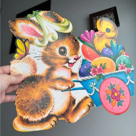 Vintage Easter Bunny Chick Egg Basket Die Cut USA Made Holiday Wall Ephemera - Picture 6 of 15
